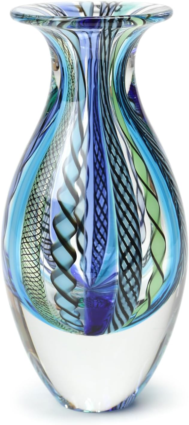 Ca D Oro Small Glass Vase Boho with Blue/Green Canes Hand Blown Murano-Style Art Glass - Model Nº 2
