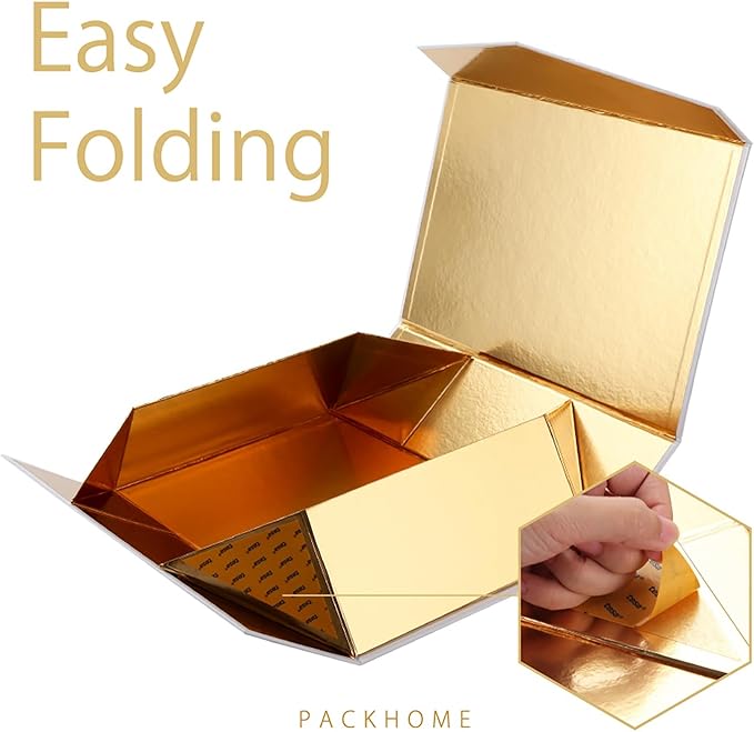 PACKHOME 6 Large Christmas Gift Boxes with Lids 13.5x9x4.1 Inches, Sturdy Collapsible Gift Boxes with Magnetic Closure (Gold Snowflake Pattern)