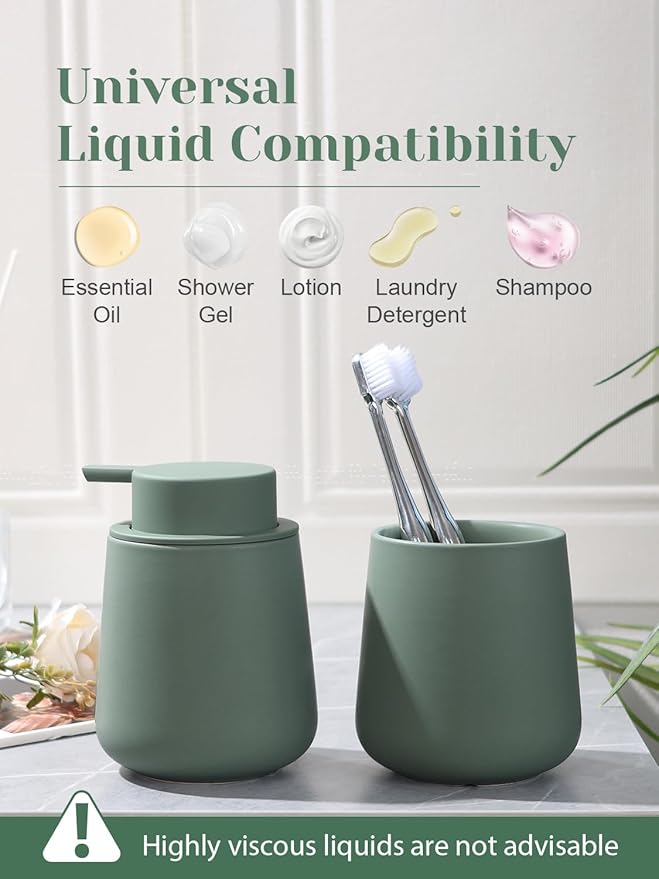 INGOFIN Ceramic Lotion Dispenser - 12oz Refillable Hand Soap Dispenser Bathroom, Modern Liquid Dispenser with Pump, Dish Dispenser for Kitchen, Matte Green