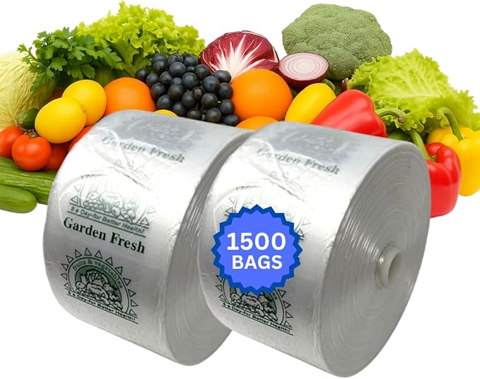 Clear Produce Bags Roll - 1500 Bags - 15"x20" – (2 Rolls, 8 Microns) – for Grocery, Small Business, Reusable Produce Use, Food & Storage Needs, Garden Fresh, Narrow Profile, Kitchen Use