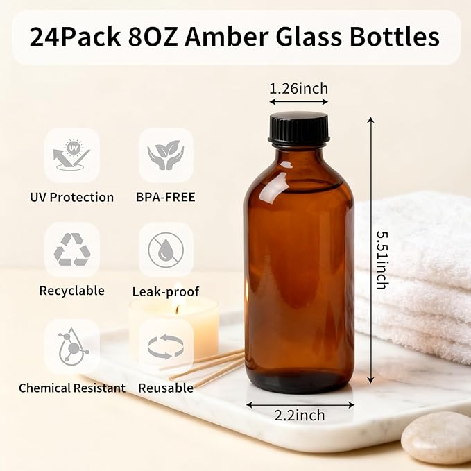 24 Pack 8 oz Amber Glass Boston Round Bottles with Phenolic Polycone Caps – Airtight, Leak-Proof Bottles for Vanilla Extract, Kombucha Brewing, Essential Oils, and Homemade Solutions
