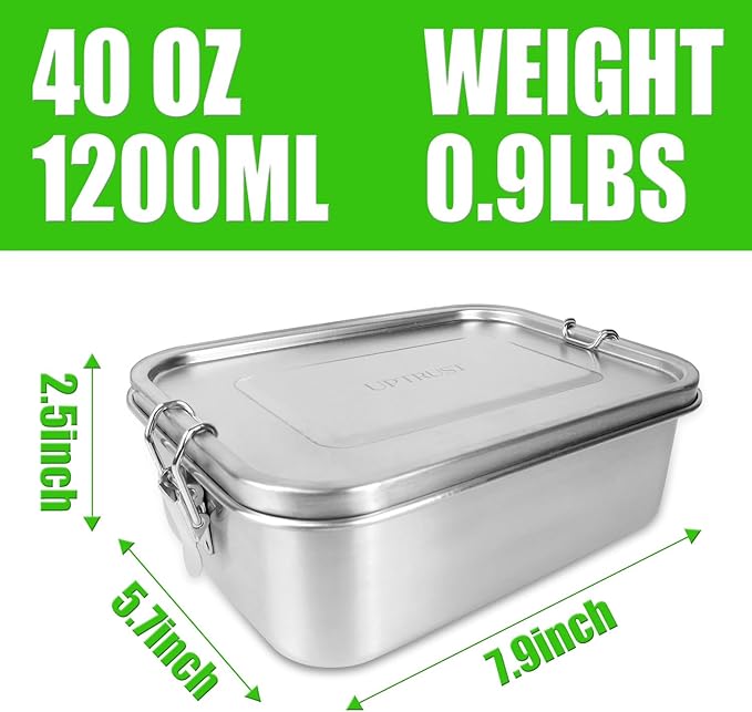 UPTRUST Leak Proof Stainless Steel Bento Container for Lunch, 40oz Bento Lunch Box for Kids or Adults, 3 Compartment Packing Box for Meal Fruit Snack (40OZ/1200ML)