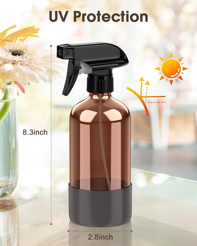 Glass Spray Bottle with Silicone Sleeve Protection, Amber Glass Spray Bottle Set for Window Cleaner Aromatherapy Facial Hydration Watering Flowers Hair Care 2 Pack/16 oz (Grey, 16 oz)