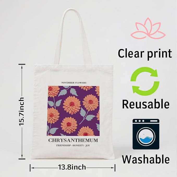 Flower Canvas Tote Bag, November Chrysanthemum Reusable Shoulder Bags, Christmas Gifts to Sister and Friends, Holiday Gift Bags for Wrap Storage, Casual Canvas Totes for Work Traveling