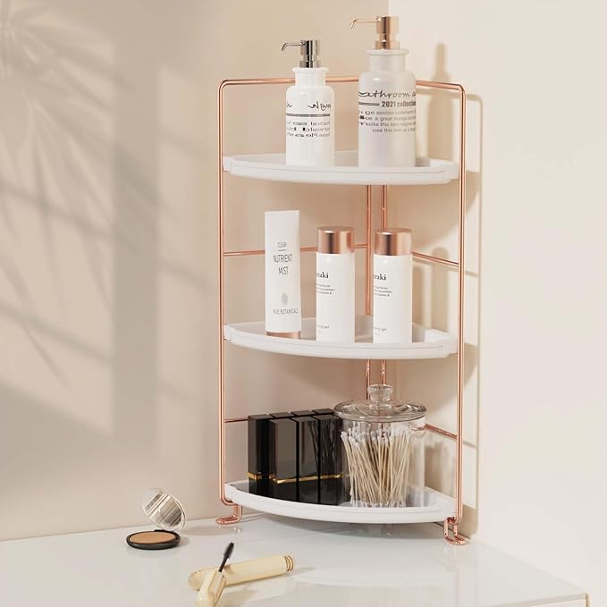 JAUNSLiANG 3-Tier Bathroom Counter Organizer Corner Bathroom Organizer Countertop, Makeup Organizer for Vanity Skincare Organizers and Storage, Perfume Organizer (Rose Gold)
