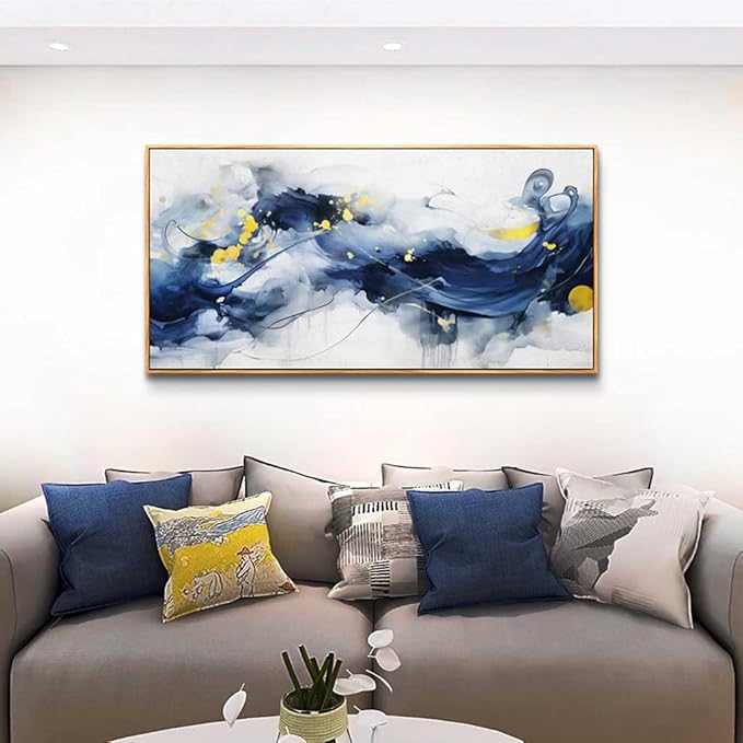hyidecorart Wall Art For Living Room Large Size Wall Decor For Office Bedroom Wall Decorations Pictures Artwork Blue Abstract Ink Paintings Wood Framed Canvas Art Prints Ready To Hang Home Decor