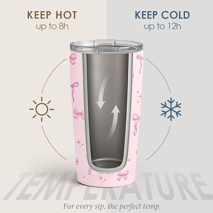 SANDJEST Bow Tumbler 20oz, Stainless Steel Travel Cup with Lid, Insulated Coffee Mug, Bow Gifts for Women Girls Friends Sisters on Birthday Christmas (Pink)