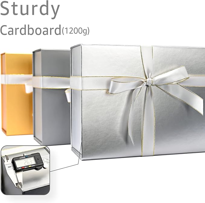LIFELUM Gift Boxes with Lids, 1 Pack 13.8 x 8.3 x 4.4 inch Silver Gift Boxes with Ribbon, Card, Shredded Paper Filler for Presents, Graduation, Christmas, Birthdays
