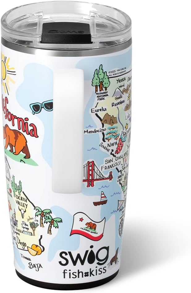 Swig Life 22oz Travel Mug, Insulated Tumbler with Handle and Lid, Travel Coffee Mug, Cup Holder Friendly, Stainless Steel 22 oz Tumbler, Reusable Insulated with Lid (California)