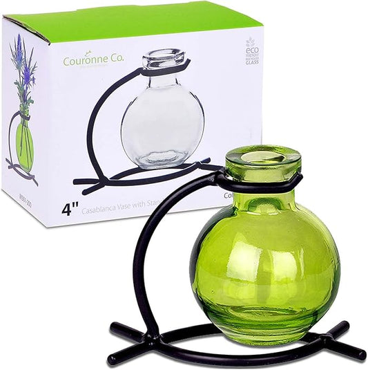 Couronne Company M501-200-01 Casablanca Recycled Glass Vase & Metal Stand, 4", Lime, 1 Piece