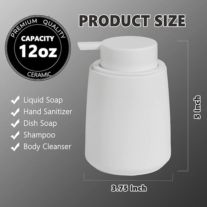 White Foam Hand Soap Dispenser - 12Oz Ceramic Foaming Soap Dispenser with Easy-to-Press Black Pump, Reusable and Refillable Liquid Lotion Dish Soap Dispensers for Bathroom, Kitchen (Rubber Paint)