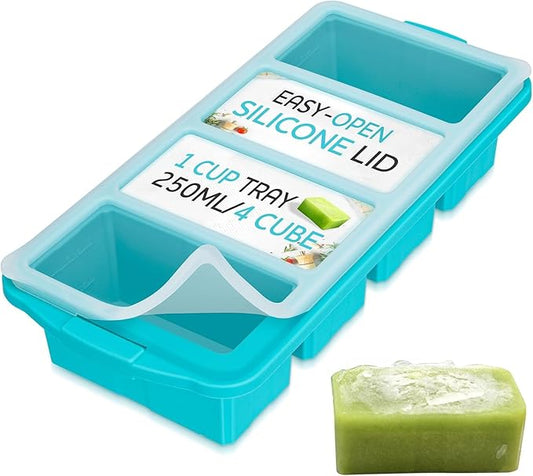 Silicone Freezer Tray With Lid - Soup Freezer Container molds - Large Ice Cube Tray- makes 8 perfect 1 cup portions cubes, 1-Pack Freezer Storage Food Soups & Meal Prep - Oven & Dishwasher -Safe