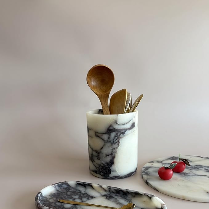 Handmand Natural Marble with Holes Stone Vintage Kitchen Utensil Holder - 5.1" D X 6.3" H Kitchen Counter Organizers and Storage Tool Crock (Calacatta Purple Marble)