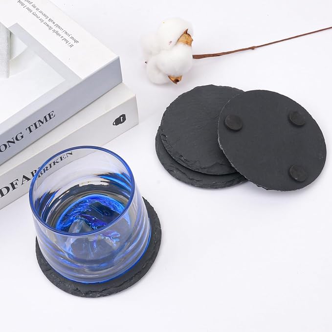 30 Pack 4 Inch Round Slate Coasters, Black Stone Coasters with Anti-Scratch Bottom, Ideal for Home Decor, Bar, Housewarming Gifts, and Laser Engraving KUKLIPJIM