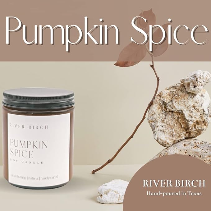 River Birch Candles Pumpkin Spice Scented Candle | Premium, All-Natural, Non-Toxic, Soy Amber Jar Candles | 8.5oz 40 Hr Burn Time | Cozy Relaxing Gifts for Home