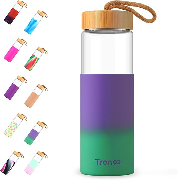 Tronco 24oz Glass Water Bottles with Bamboo Lid & Silicone Sleeve, Leak Proof, BPA Free, Reusable Borosilicate Glass Bottles for Juicing, Smoothies, Juice & Water, for Men & Women Gym, Office, Travel