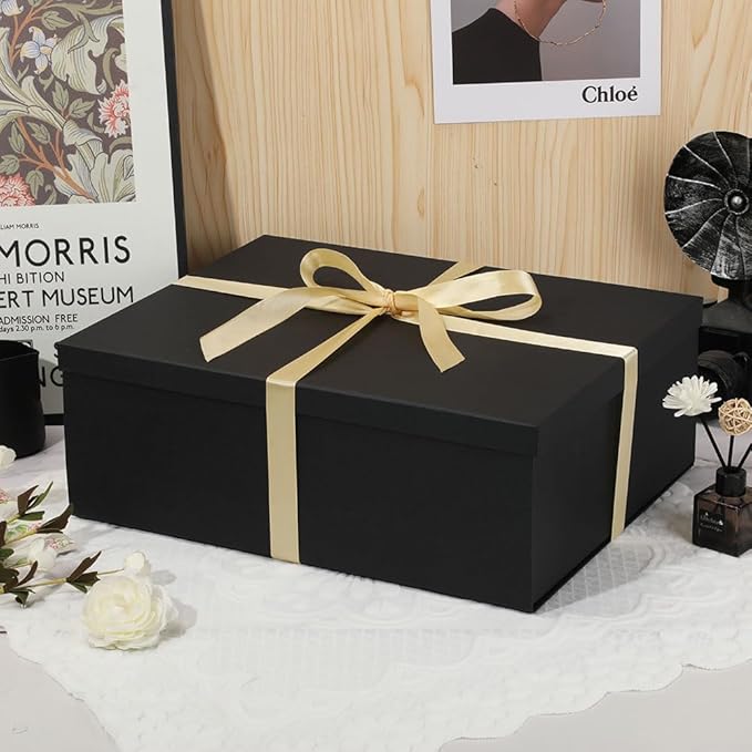 Extra Large Gift Box with Lid 17x13x6 Inches, Black Gift Boxes for presents Packaging for Birthdays, Valentine's Day, Christmas, Anniversaries (Include Shredded Paper Fill, Envelope Card Ribbon)