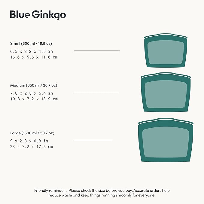 Blue Ginkgo Reusable Silicone Storage Bags – 3-Pack | Korean-Made Stand Up Food, Freezer Bags - Forest Green