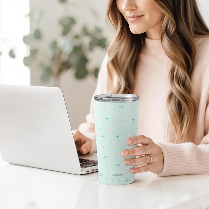 SANDJEST Daisy Tumbler 20oz, Stainless Steel Travel Cup with Lid, Floral Insulated Coffee Mug, Daisy Gifts for Women Girls Friends Sisters on Birthday Christmas