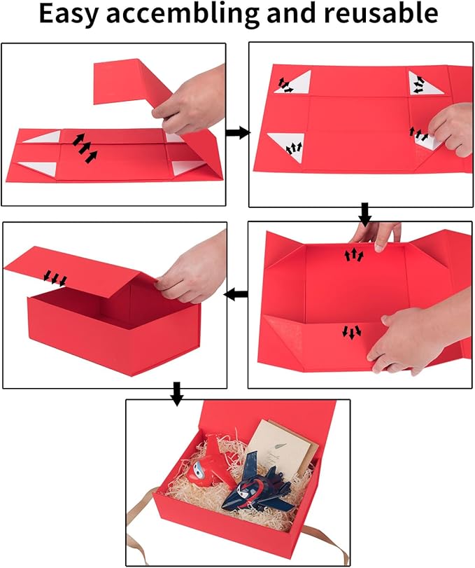 LIFELUM Christmas Gift Box 8 x 7 x 3 inch Red Gift Boxes for Presents with Ribbon Valentine's Bridesmaid Boxes Contains Card, Ribbon, Shredded Paper Filler for Packing