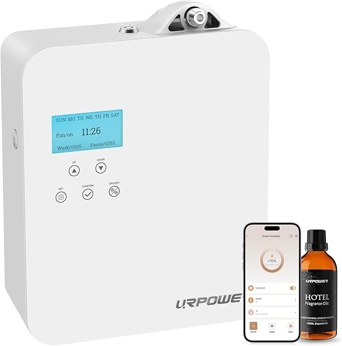 URPOWER Waterless Nebulizing Scent Diffuser 300ml Lockable Oil Bottle, Up to 3000 Sq Ft, Smart APP Control HVAC/Wall/Desktop Cold-Air Aromatherapy Machine for Home/Office/Hotel Starter Oil Included
