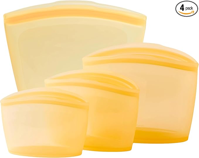 Blue Ginkgo Reusable Silicone Storage Bags – 4-Pack | Korean-Made Stand Up Food, Freezer Bags - Pumkin Yellow