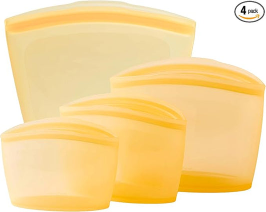 Blue Ginkgo Reusable Silicone Storage Bags – 4-Pack | Korean-Made Stand Up Food, Freezer Bags - Pumkin Yellow