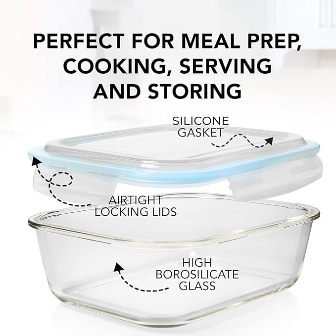 Razab 16 Pc (Set of 8) 30 Oz Glass Meal Prep Containers with Lids, Airtight Large Glass Food Storage Containers, Reusable Leak Proof BPA Free, Freezer to Oven and Dishwasher Safe