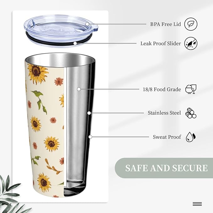 Sunflowers Tumbler,Flowers 20oz Stainless Steel Insulated Travel Tumblers,Travel Coffee Mug with Lid and Straw Water Bottle Drink Tumbler Cups Gifts for Women Men Lovers