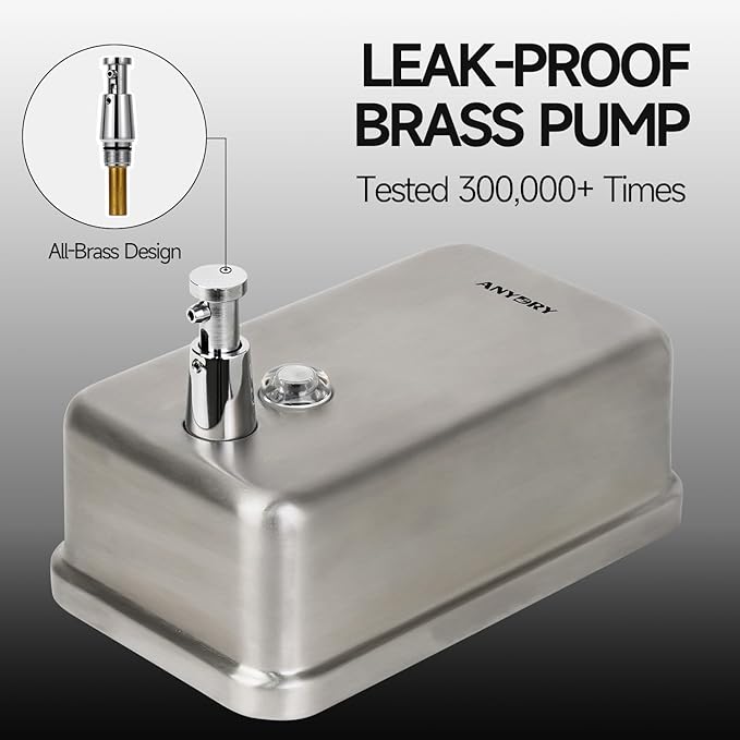 Commercial Soap Dispenser Wall Mount, Brushed Stianless Steel Finish Manual Soap Dispenser - 37oz (1100ml) Model 1003