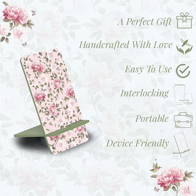 Wooden Pink Cell Phone Stand,Universal Phone Holder Stand Charging Hole Compatible with All Phone iPhone14,Smartphones,Facetime Holder for Desk 6"x 3.15"Inch Pink Peonies (Regular)
