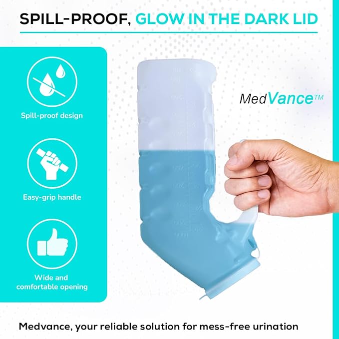 MedVance 1000ml Portable Urinals for Men, 2 Pack – Spill Proof Men's Urinal Bottle w/Glow in Dark & Leak-Proof Lid – Easy-Grip Durable Pee Bottles for Men - Versatile Male Pee Bottle for Elderly Care