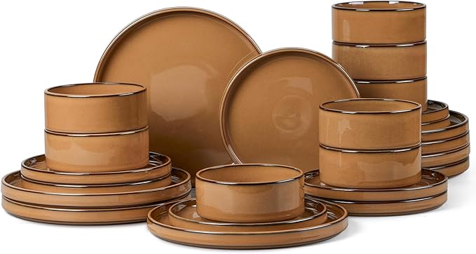 Onader Dinnerware Dishes Sets for 8, Stoneware Plates and Bowls with Unglazed Terracotta Bottom, Ceramic Kitchen Dinner Dish Set 24 Piece - Earthy Umber
