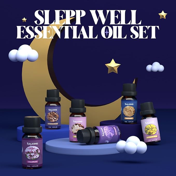 SALKING Sleep Essential Oils Set, Pure and Natural Essential Oils, Fragrance Oil Scented Oils for Oil Diffusers 6 x 10 ML - Lavender, Vetiver, Sandalwood, Valerian, Helichrysum, Benzoin…