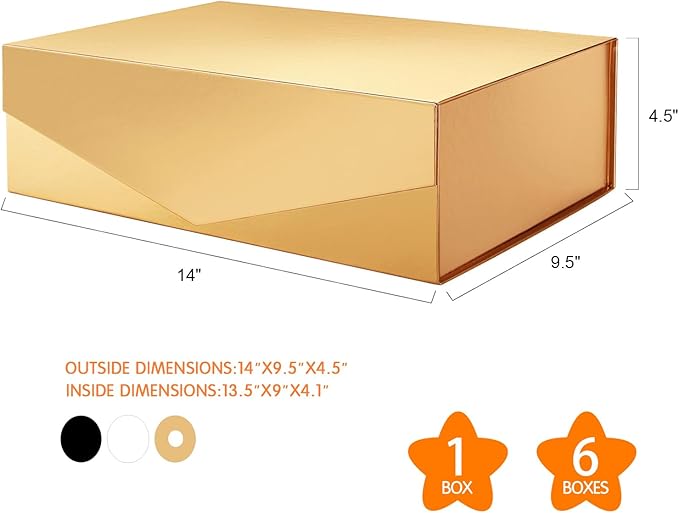 Large Gold Collapsible Gift Box with Magnetic Closure Lid 13.5x9x4.1 Inches, Bridesmaid Proposal Box for Present (Glossy Gold, 1 Pack)