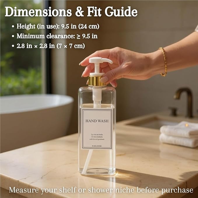 Modern Gold Design 27 oz Shampoo and Conditioner Dispensers - Plastic Refillable Pump Bottle Set for Bathroom Shower Soap Dispenser, Gift Box Included, Set of 3 (Clear & White)