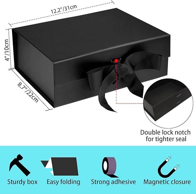 Large Black Luxury Magnetic Gift Box with Lid, Ribbons and Gift Bag, 12.2x8.7x4 Inches, Great for Christmas, New Year, Wedding, Birthdays, Man