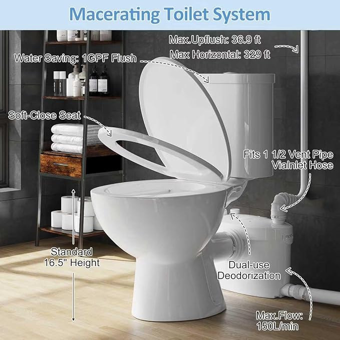 Simple Project 750W PRO Macerating Toilet System - High Powerful, Upflush Toilet for Basement with 4 Water Inlet & Attics, Dual Flush Toilets with Macerator Pump, Quiet Operation, Space Saving