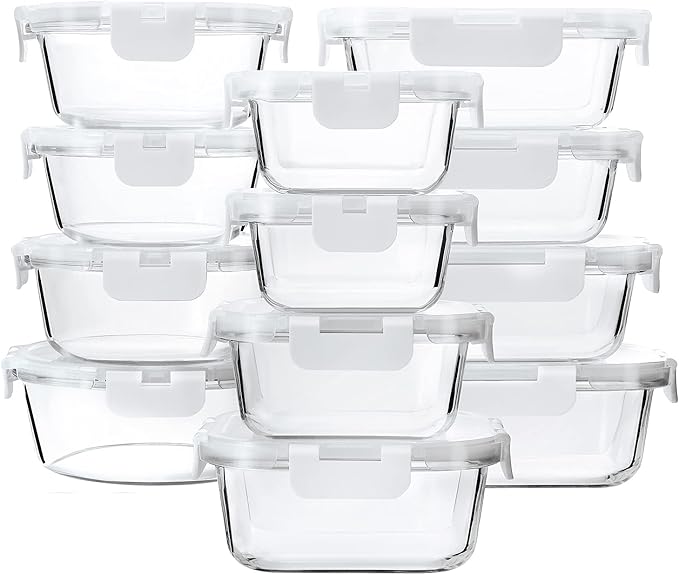 24-Piece Glass Food Storage Containers with Upgraded Snap Locking Lids,Glass Meal Prep Containers Set - Airtight Lunch Containers, Microwave, Oven, Freezer and Dishwasher,White