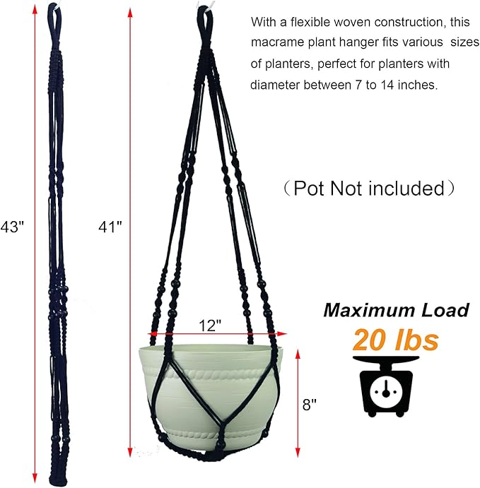 Large Macrame Plant Hanger Black 43 Inch Long for up to 12 Inch Pot No Tassel Cotton Rope Hanging Basket Plant Holder with Heavy Duty Ceiling Hooks