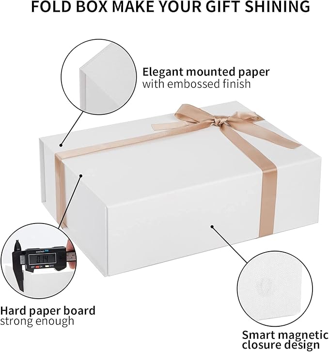 LIFELUM Large Gift Box 14"x8.5"x4.5" Christmas Gift Boxes for Presents Bridesmaid Box for Anniversary Wedding Proposal Birthday, White Gift boxes with Shredded Filler Card Ribbon