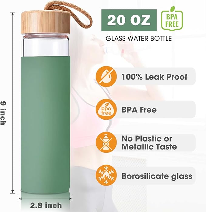 20 Oz Borosilicate Glass Water Bottles with Silicone Sleeve BPA Free, Dishwasher Safe - Reusable Clear Glass Drinking with Leak Proof Bamboo Lid | Perfect Gym Water Bottles for Men & Women