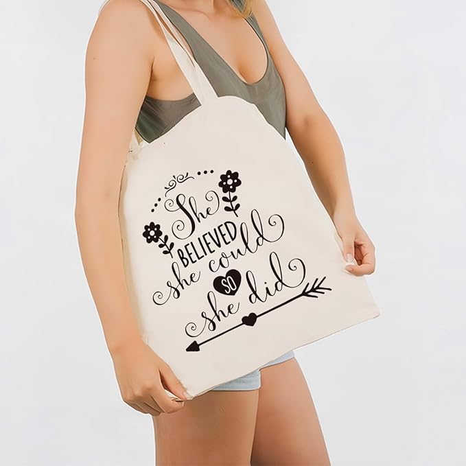 Canvas Tote Bag for Women, She Believed She Could so She did Shoulder Tote Bags, Inspirational Canvas Totes to Work Traveling, Christmas Gifts to Women Friends, Holiday Gift Bags for Wrap Storage