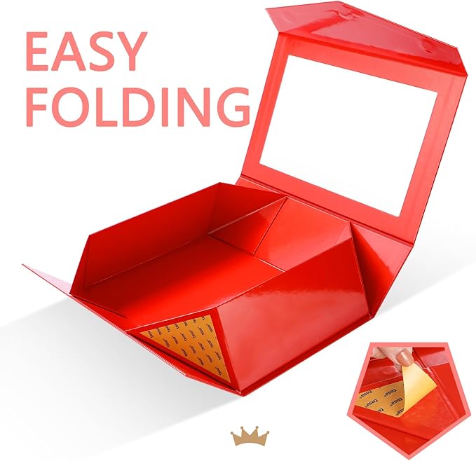 PACKQUEEN 5 Large Red Christmas Gift Boxes with Windows, 13.5x9x4.1 Inches Valentine's Day Clear Gift Boxes for Presents Contain Ribbons, Cards, Bridesmaid Proposal Boxes, Boxes with Magnetic Lids (Glossy Red)