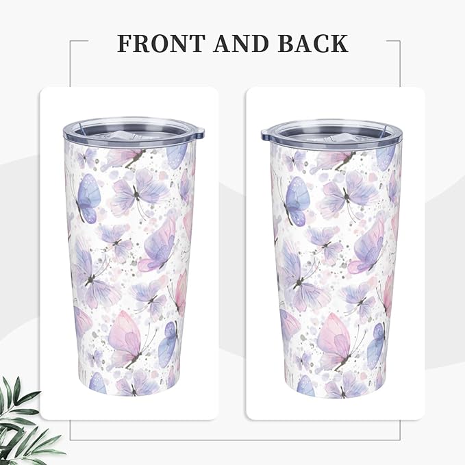 Pink Purple Butterflies Tumbler,Butterflies 20oz Stainless Steel Insulated Travel Tumblers,Travel Coffee Mug with Lid and Straw Water Bottle Drink Tumbler Cups Gifts for Women Men Lovers