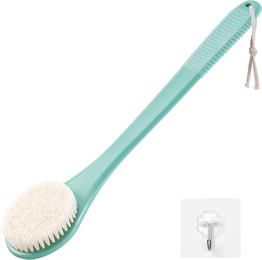 Back Scrubber for Shower, Shower Body Brush for Cleaning with Long Handle for Showering, 17 Inch Back Washer Exfoliator for Shower Men Women with Non-Slip Handle, Adhesive Hook (Celadon Green)
