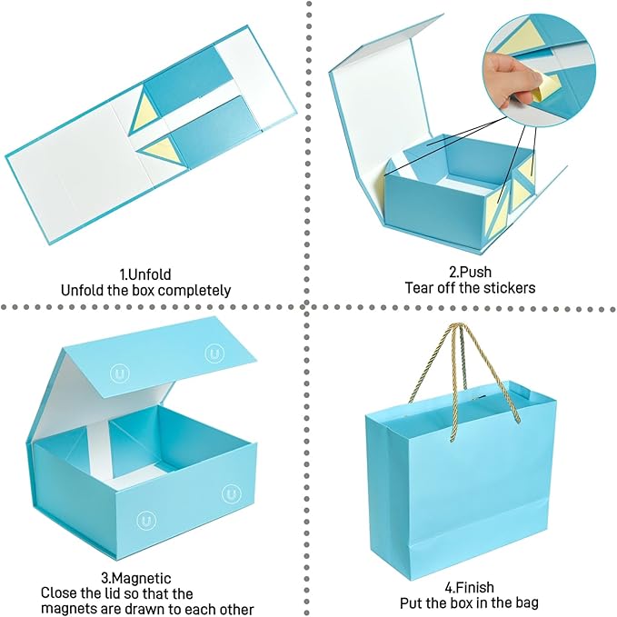 Elegant Gift Boxes with Gift Bag for Presents with Lids Magnetic Closure Rectangle Collapsible for Christmas, Valentine's Day, Birthday Gift Packging (Blue)