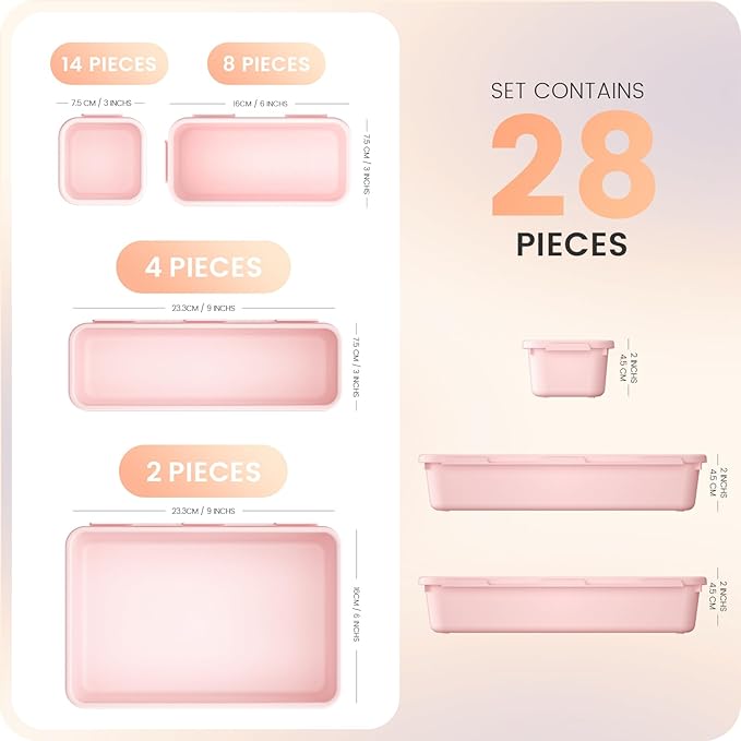 A-LuGei 【28PCS】 Drawer Organizer, Bathroom Organizers and Storage, Makeup organizer, Desk drawer organizer, Storage Bins for Kitchen Office Bedroom Vanity Jewelry Pantry Garage【Pink】【4Size】
