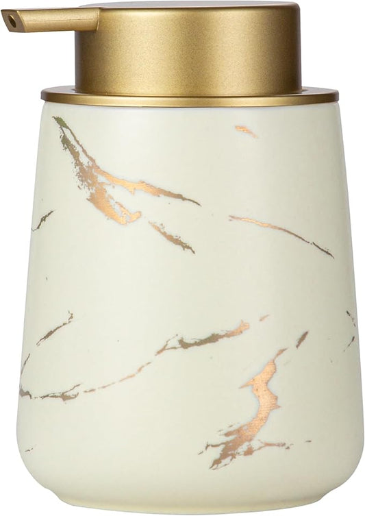 Enra Ceramic Gold Soap Dispenser, 12 oz Modern Liquid Hand Soap Dispenser for Bathroom Kitchen with Easy-to-Press(Glod Liquid Type-Beige)