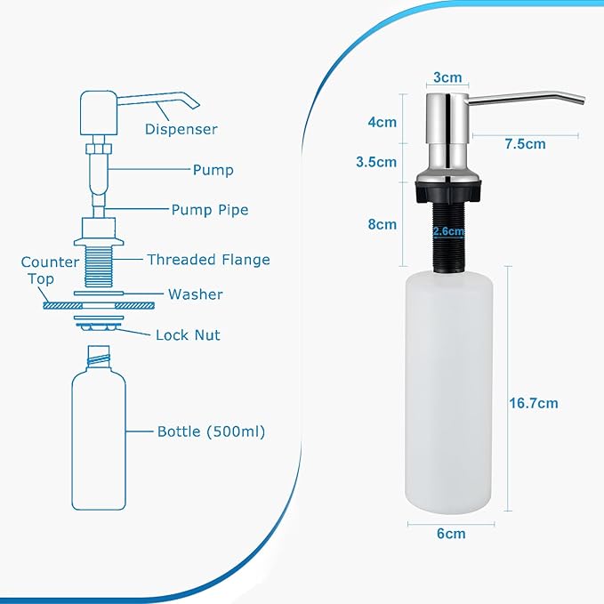 CREA Chrome Built-in Soap Dispenser for Kitchen Sink,Stainless Steel Kitchen Dish Soap Dispenser Pump,in Counter Soap Dispensers Under Sink Mouted Set 39" Tube 17oz Large Bottle
